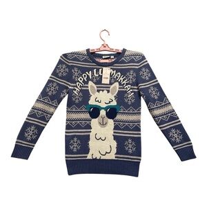 Mighty Fine Happy Llamakkah Women's Sweater Blue White Ugly Sweater, Size  XS